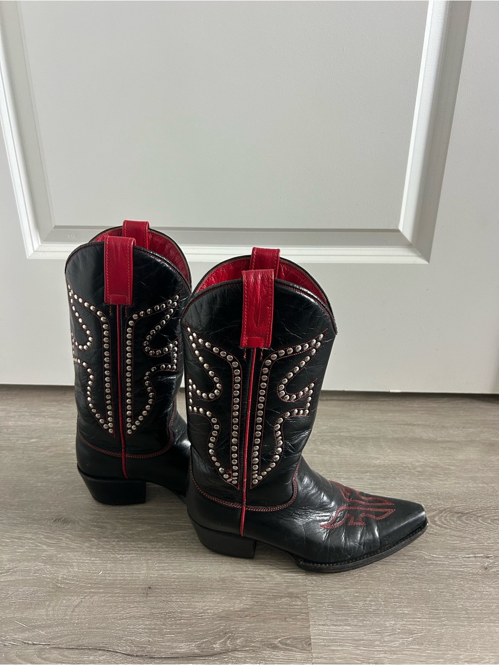 Frye Black Leather Western Boots with Red Trim and Studs